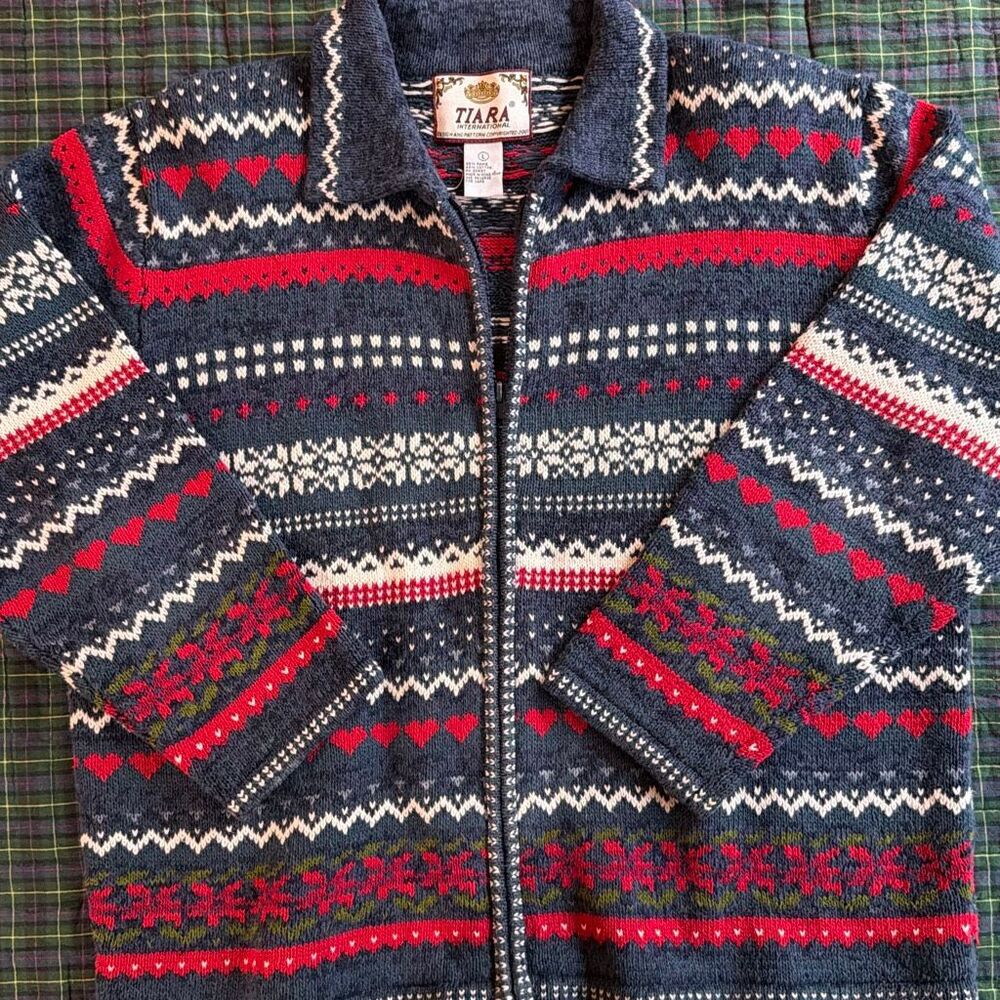 Tiara International Knit Cardigan Lg Fair Isle hearts Snowflakes